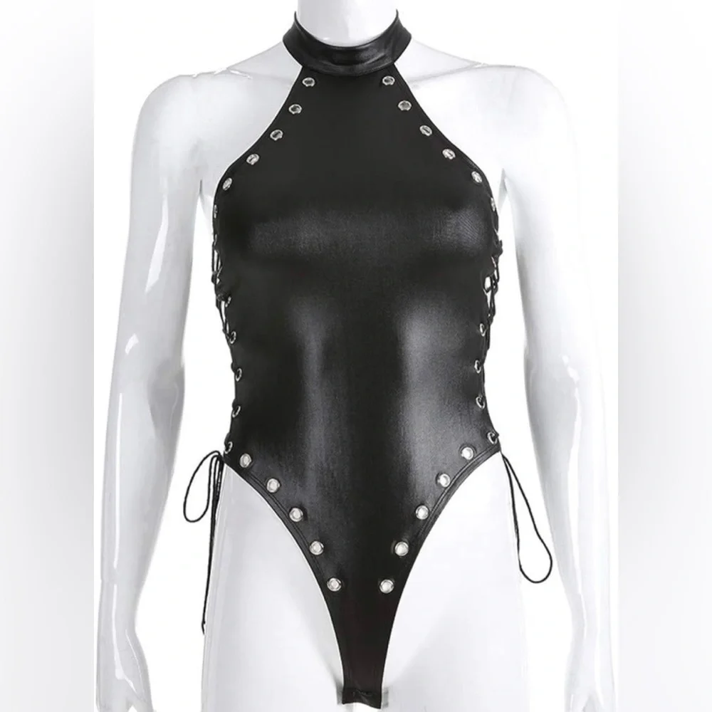 Faux Leather Lace Up Bodysuit - Picture 11 of 14